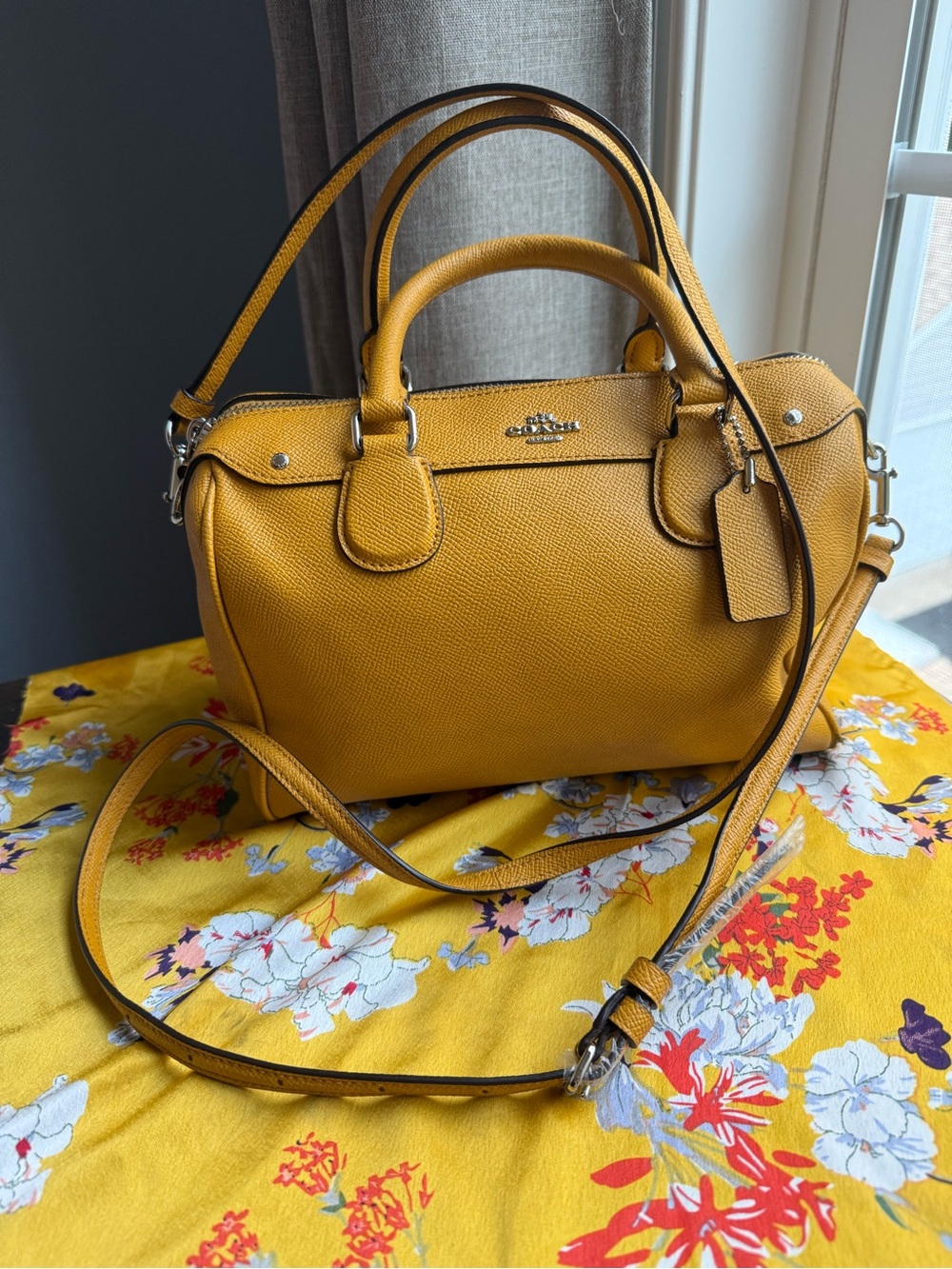 Coach Yellow Pebbled Leather Satchel with Crossbody Strap
